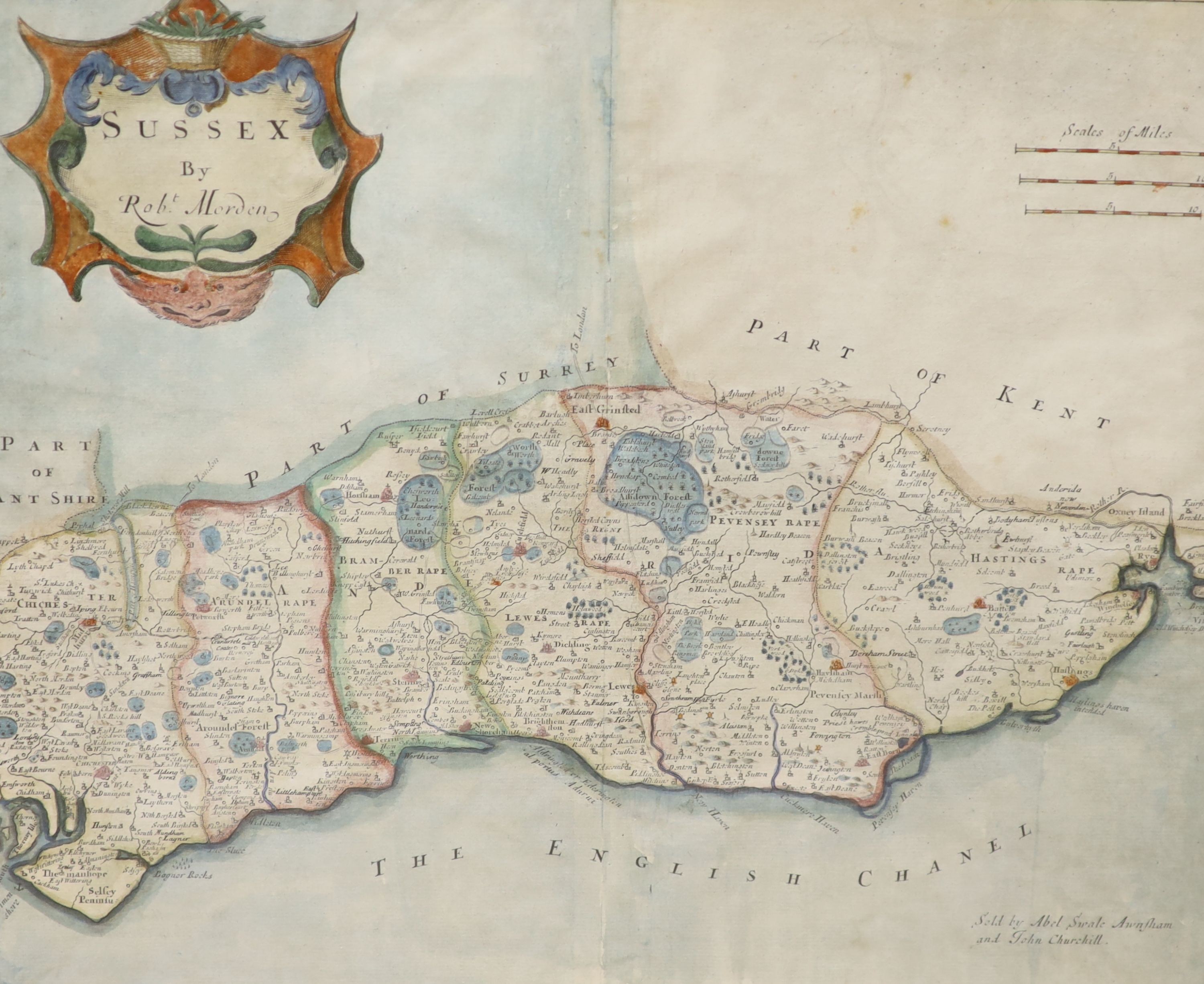 Robert Morden - a coloured engraved map of Sussex, 34 x 41cm.